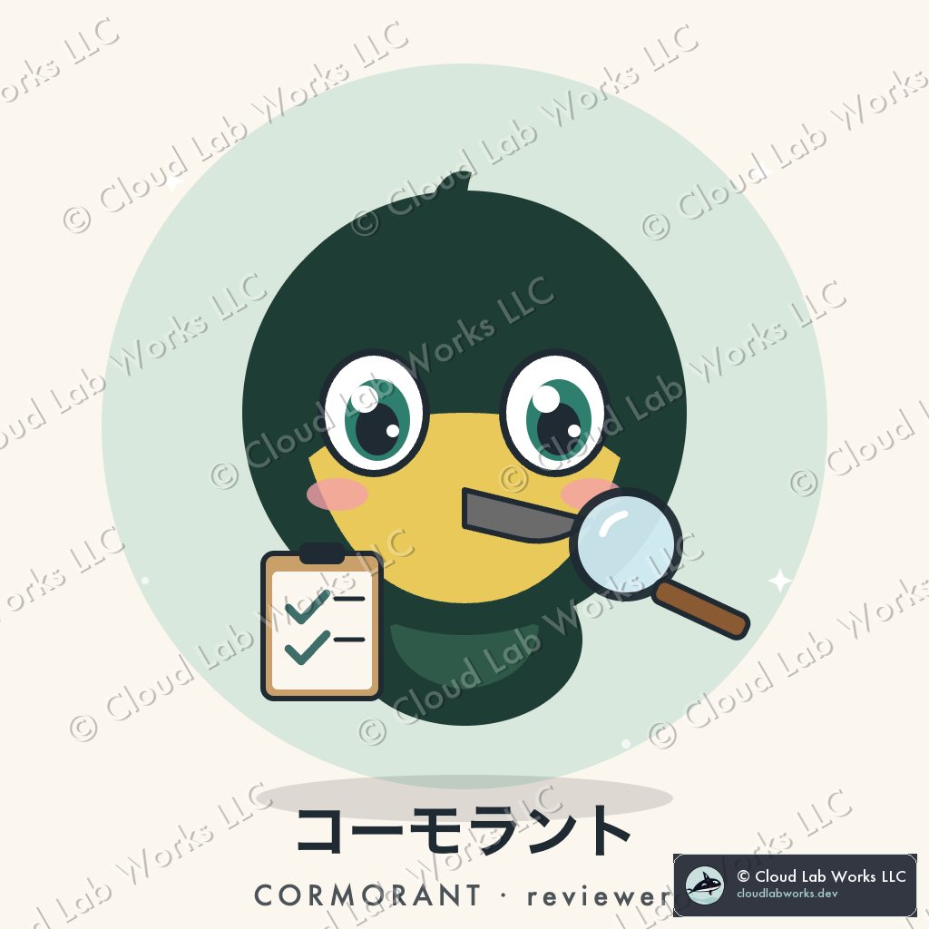 Cormorant, the reviewer: Dark green, yellow face, a magnifying glass and a clipboard with exactly two ticks