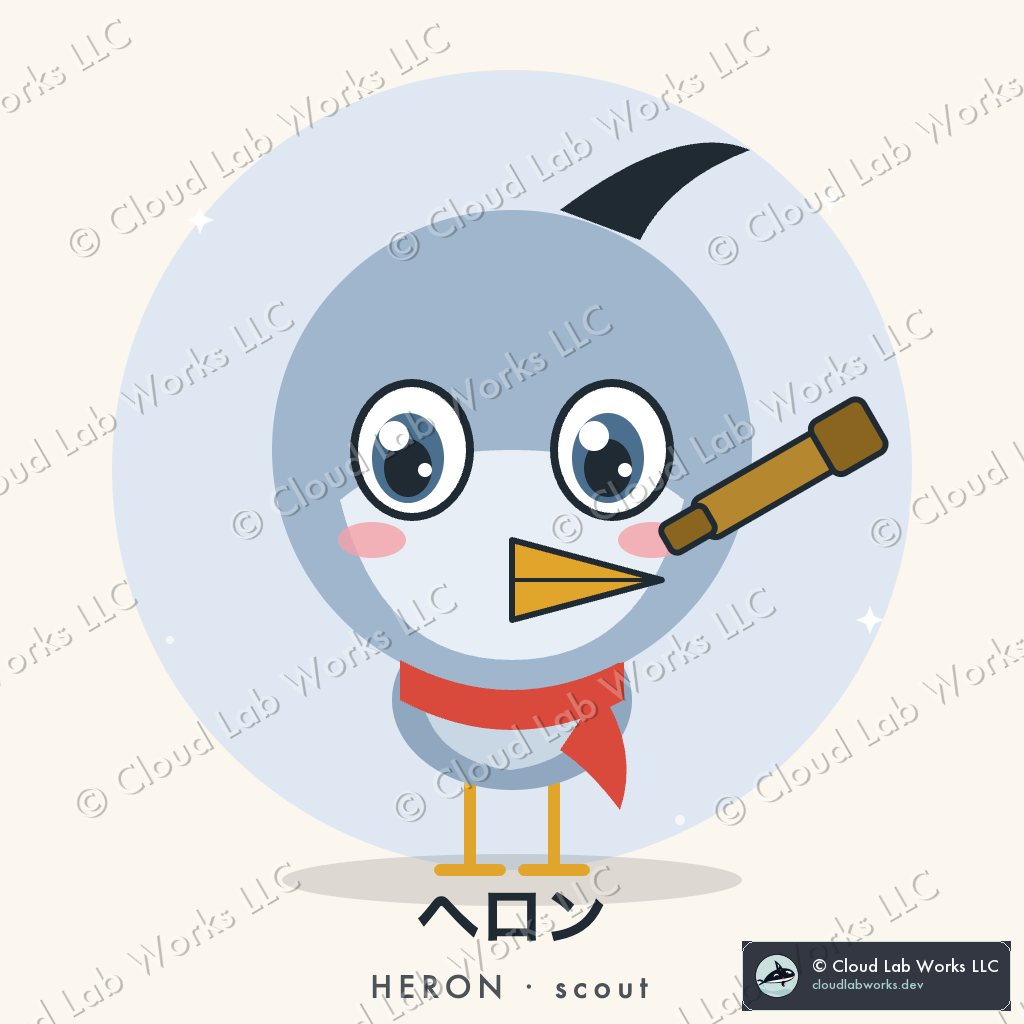 Heron, the scout: Long legs, longer beak, a brass spyglass and a scarf for the wind