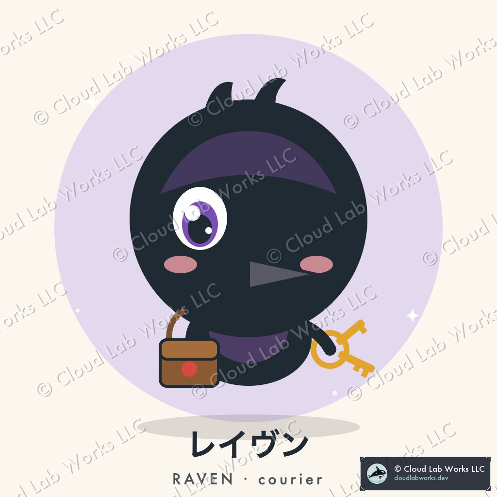 Raven, the courier: Glossy black with a violet sheen, a satchel with the red seal, and the only key ring in the lab