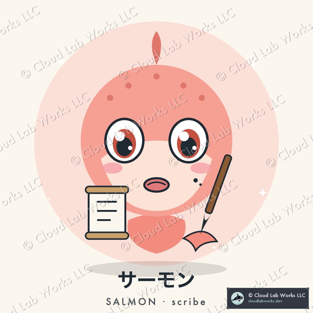 Salmon, the scribe: Pink, round, a brush in one fin and a scroll in the other, ink on the cheek