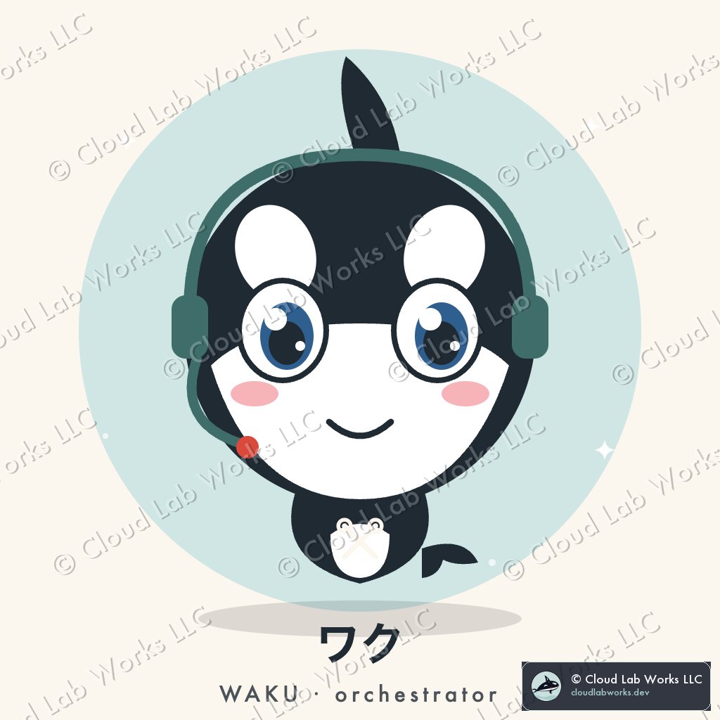 Waku: The orca who runs the lab: headset on, wrench cross on the chest, one eyebrow always slightly up