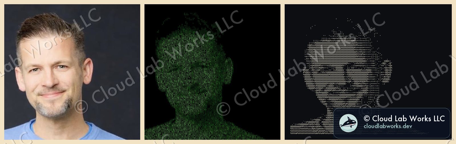 Triptych: a studio photo of Alex Alvord, the same face rendered in green matrix glyphs, and in ASCII characters
