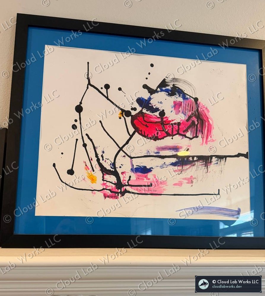 Acrylic painting by Alex Alvord, framed in black with a blue mat: black gestural line work over pink, blue and yellow fields on white ground