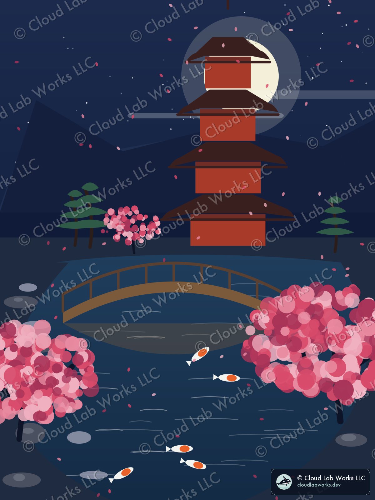 Kiyomizu, under the moon: a 4-tier pagoda, a wooden bridge and 5 koi