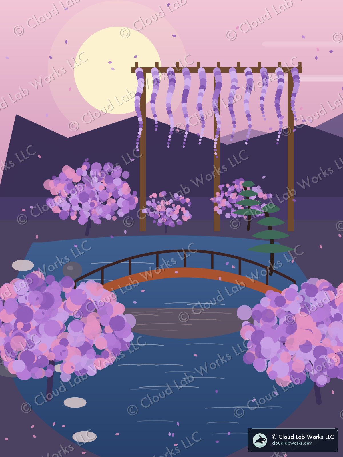 Ryōan, at dusk: a wisteria pergola, a red bridge and a pine