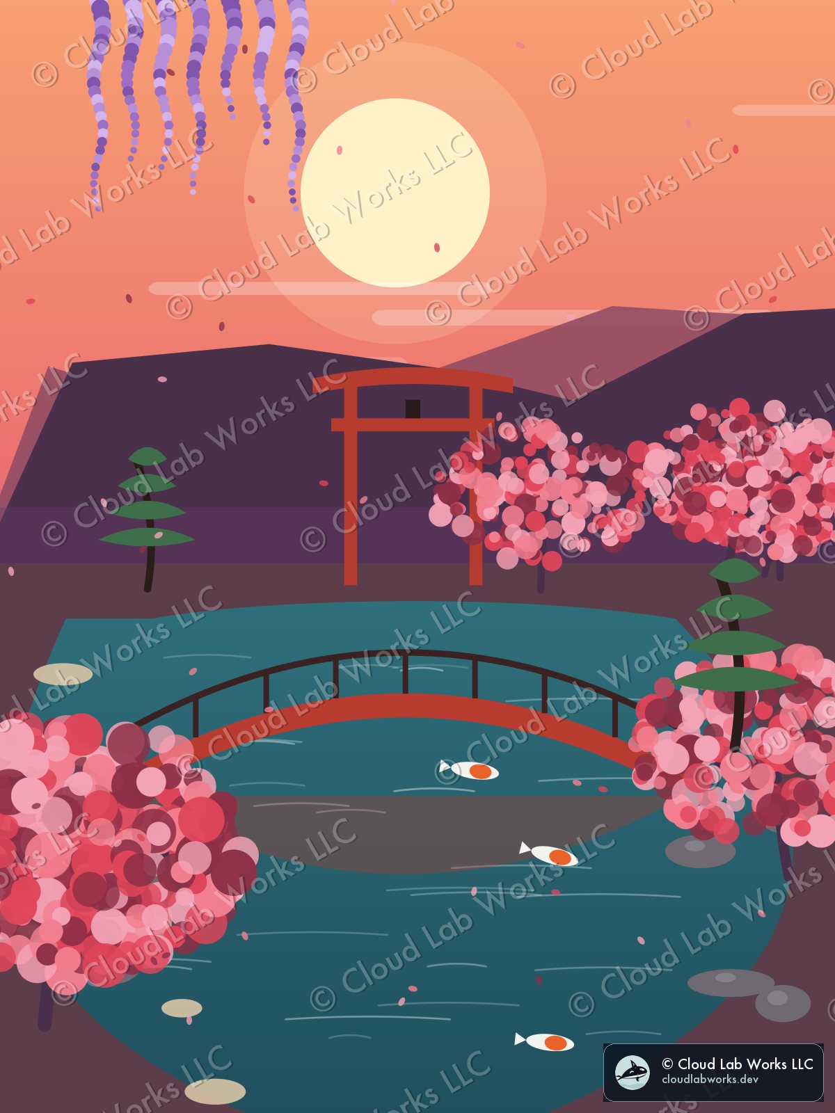 Kenroku, at sunset: a torii, a red bridge, 3 koi, a pine and wisteria