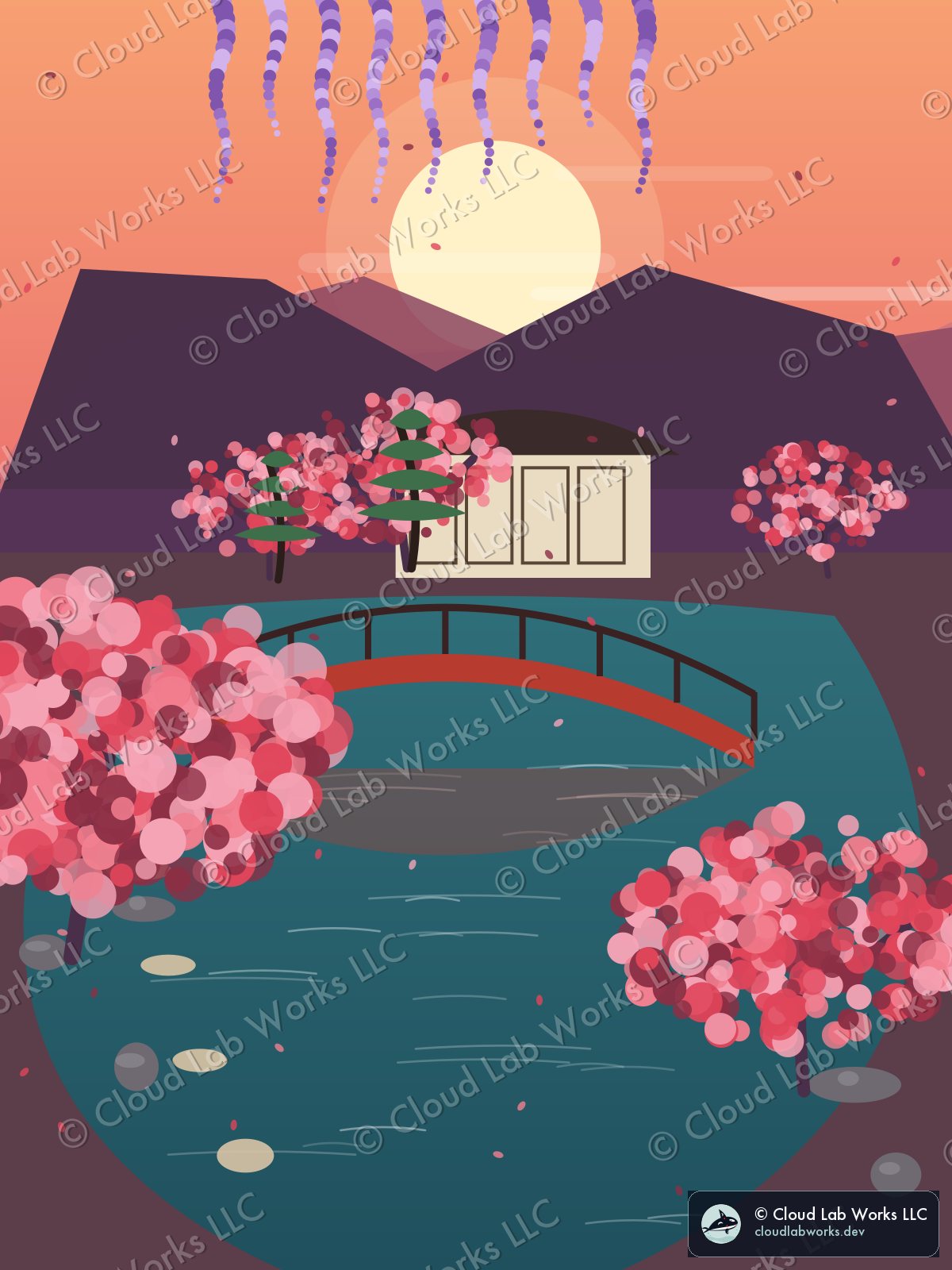 Kōraku, at sunset: a tea house, a red bridge and wisteria
