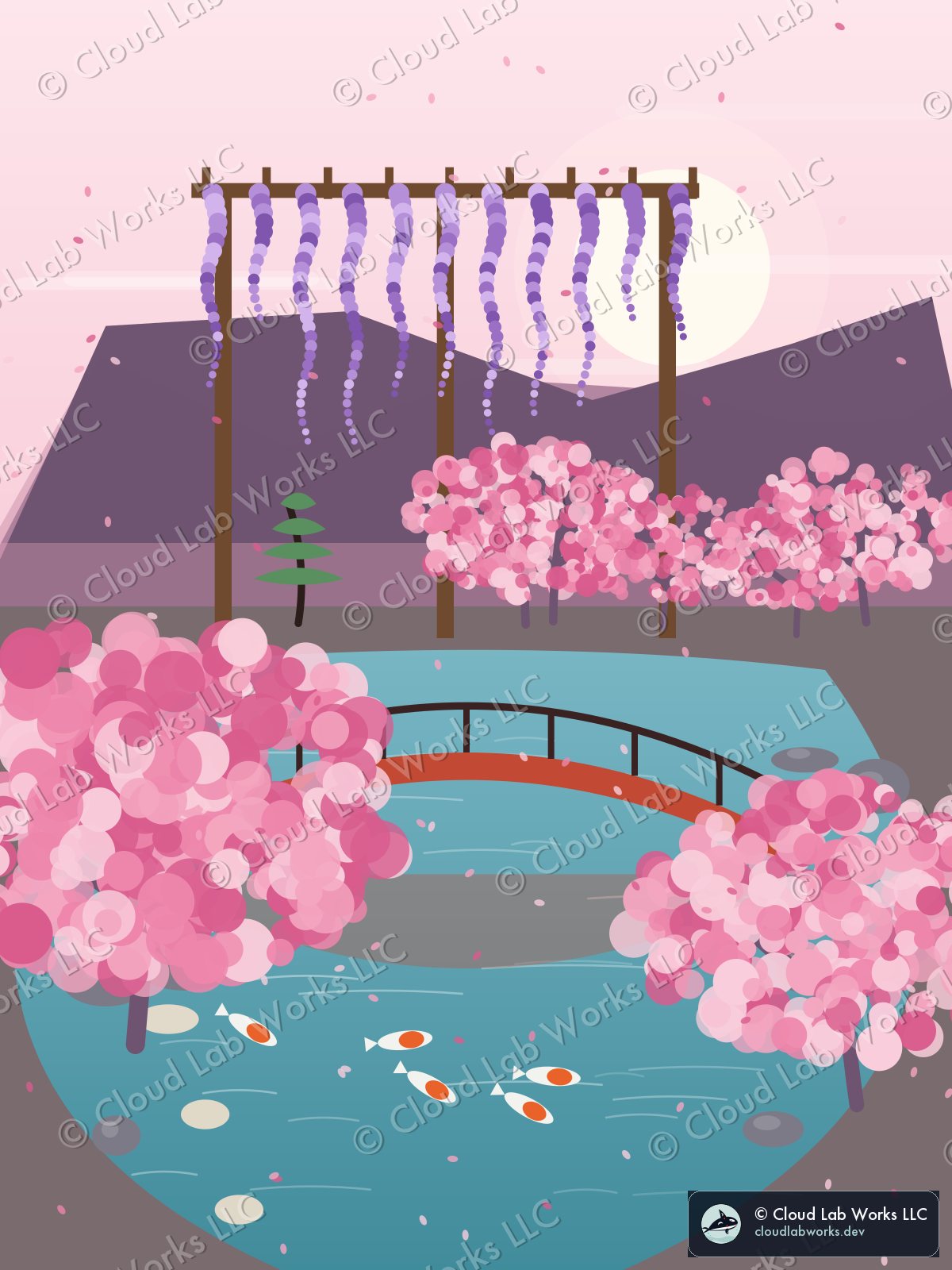 Kairaku, in blossom: a wisteria pergola, a red bridge and 5 koi