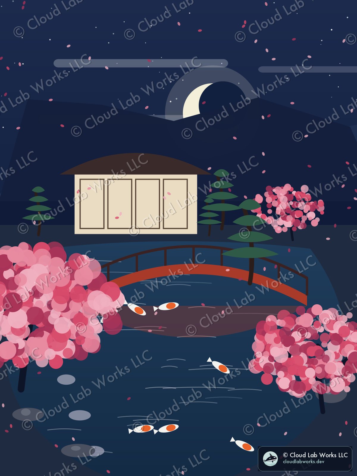 Tōfuku, under the moon: a tea house, a red bridge, 7 koi and a pine