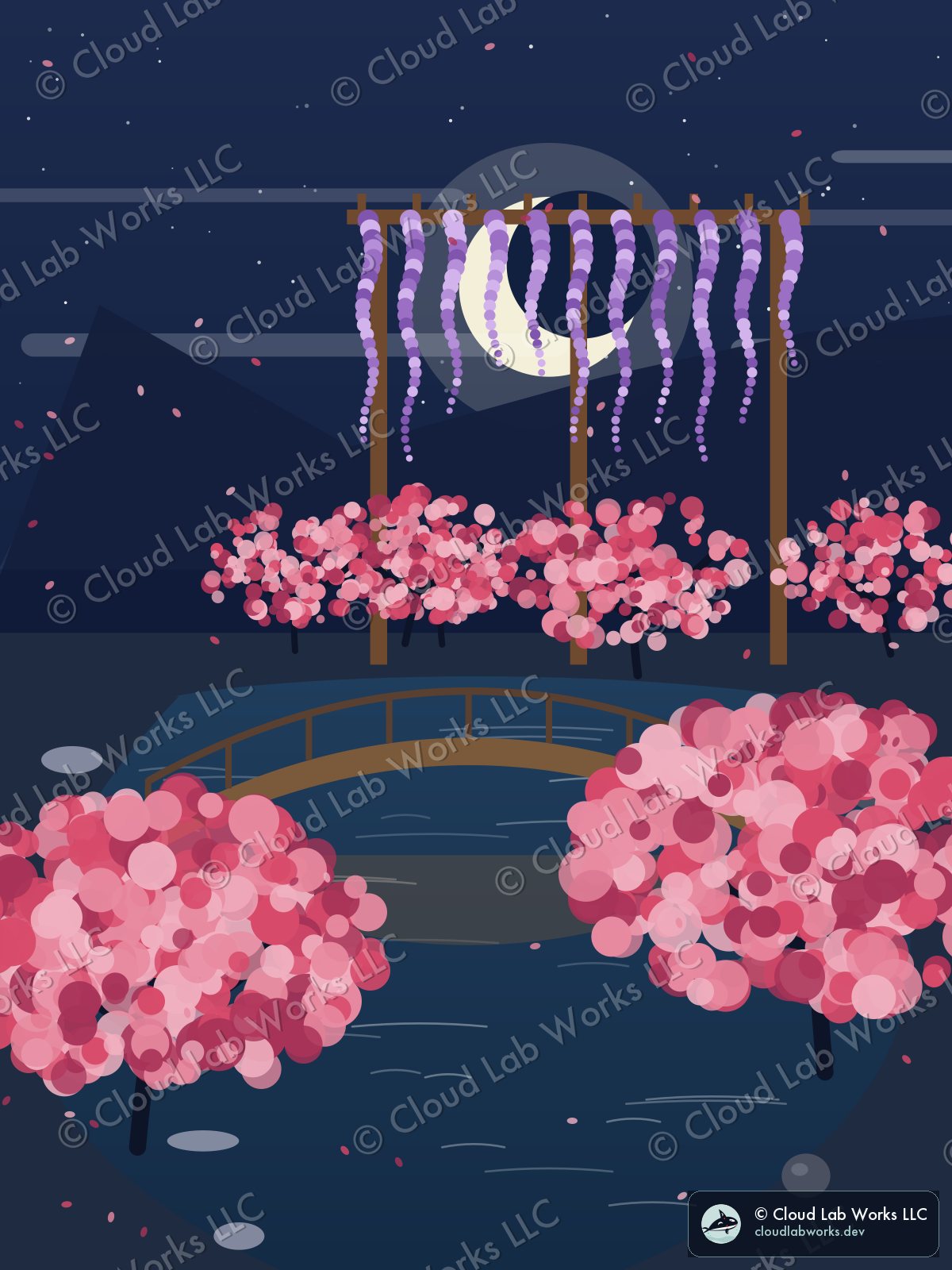 Heian, under the moon: a wisteria pergola and a wooden bridge