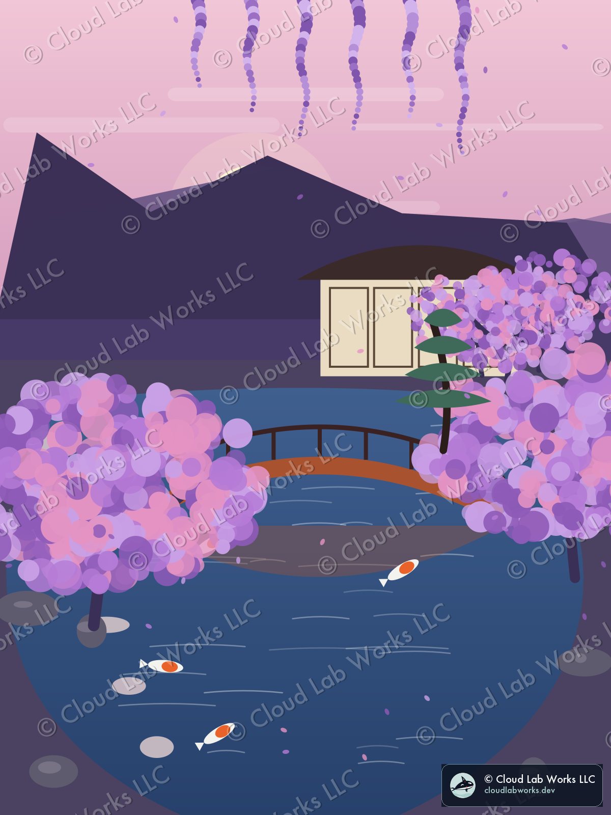Arashiyama, at dusk: a tea house, a red bridge, 4 koi, a pine and wisteria