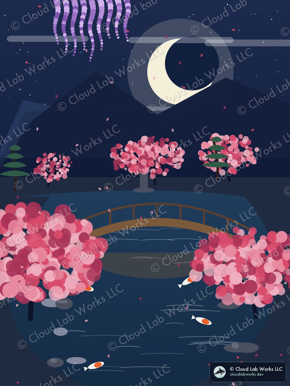 Shinjuku, under the moon: a stone lantern, a wooden bridge, 4 koi and wisteria