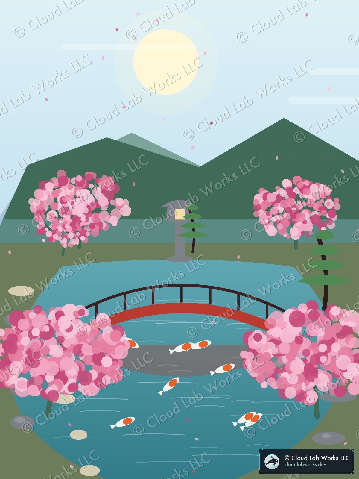 Rikugi, in the afternoon: a stone lantern, a red bridge, 8 koi and a pine