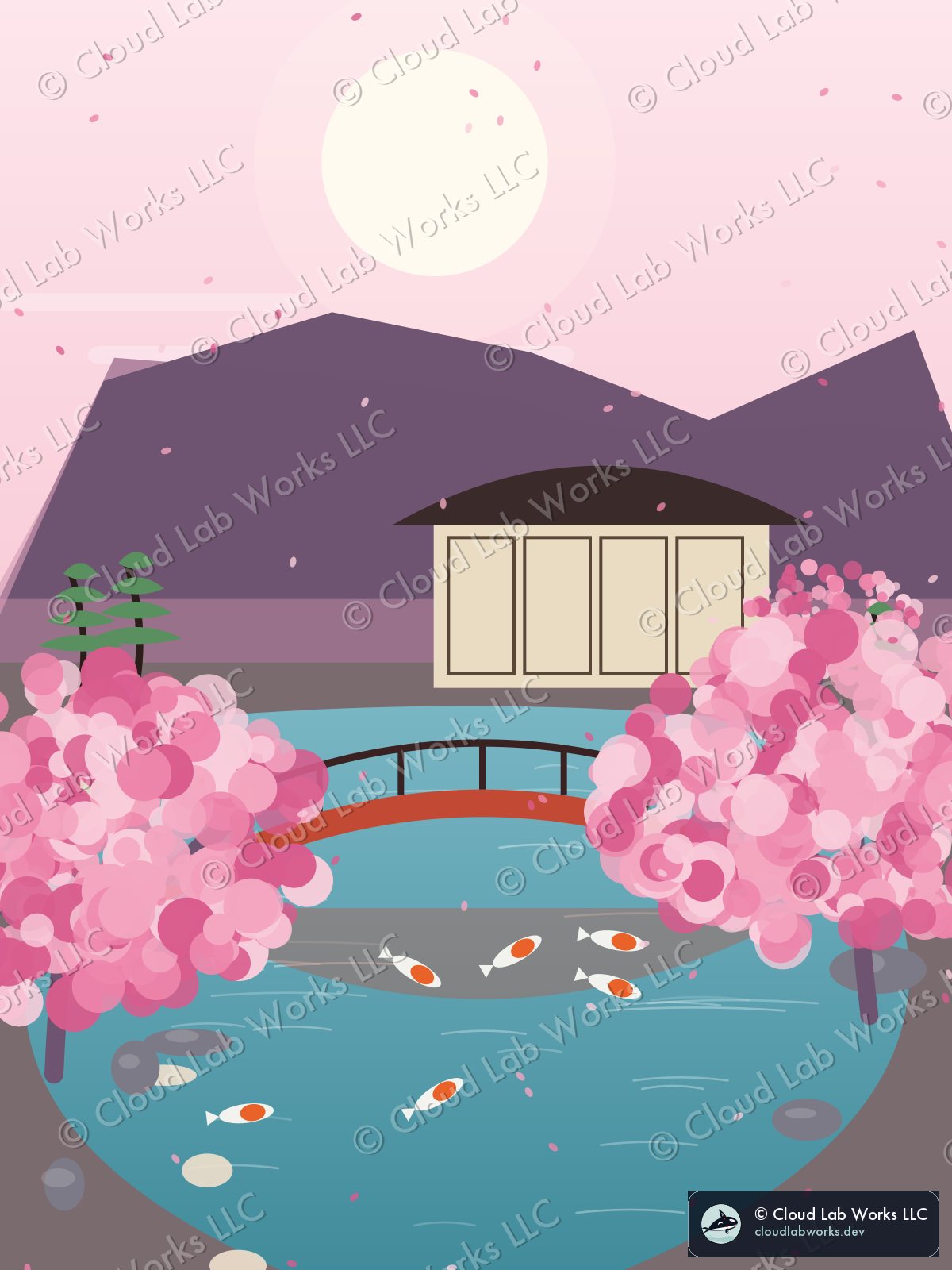 Hama-rikyū, in blossom: a tea house, a red bridge and 8 koi