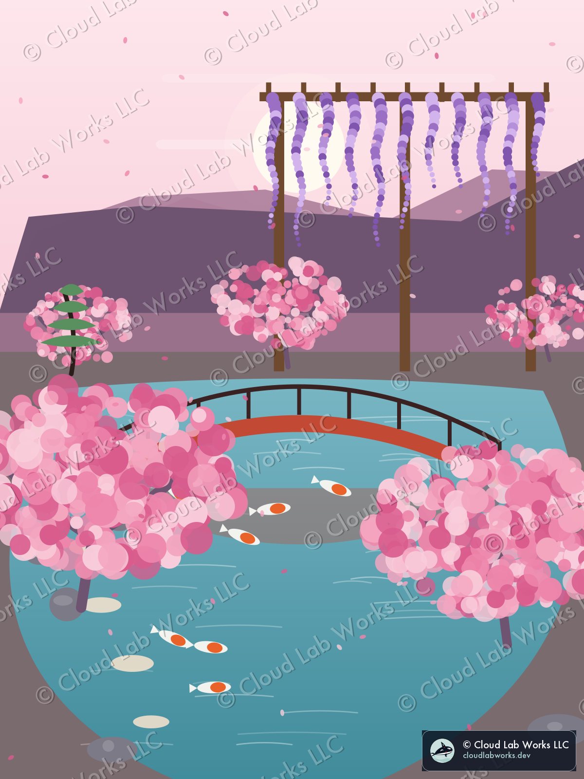 Byōdō, in blossom: a wisteria pergola, a red bridge and 7 koi