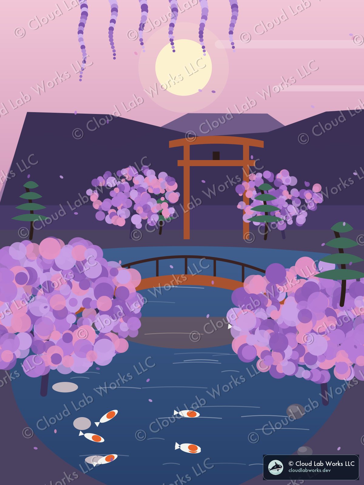 Daigo, at dusk: a torii, a red bridge, 7 koi, a pine and wisteria