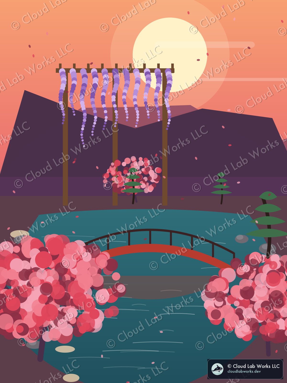 Nanzen, at sunset: a wisteria pergola, a red bridge and a pine