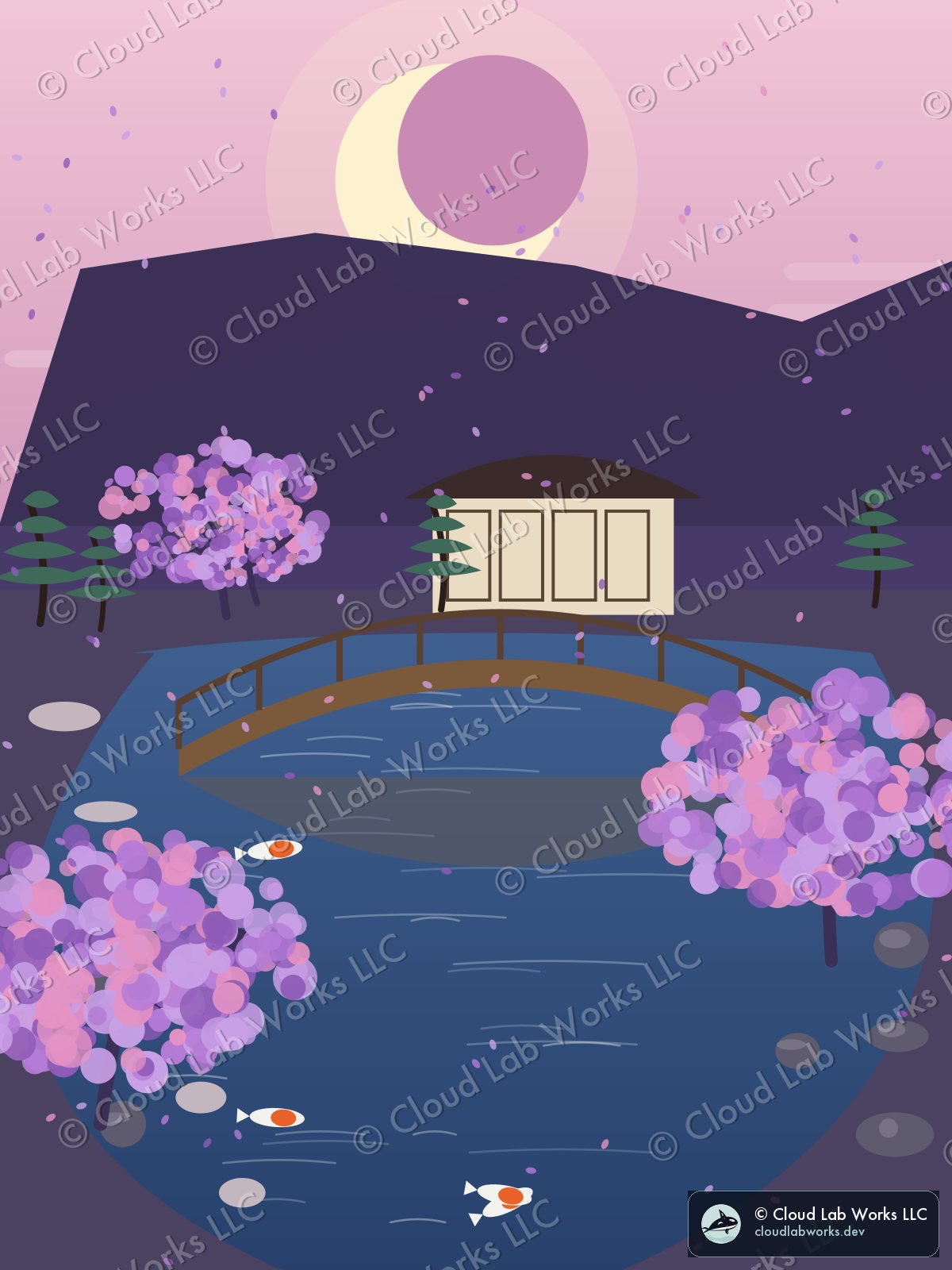 Tenryū, at dusk: a tea house, a wooden bridge and 4 koi