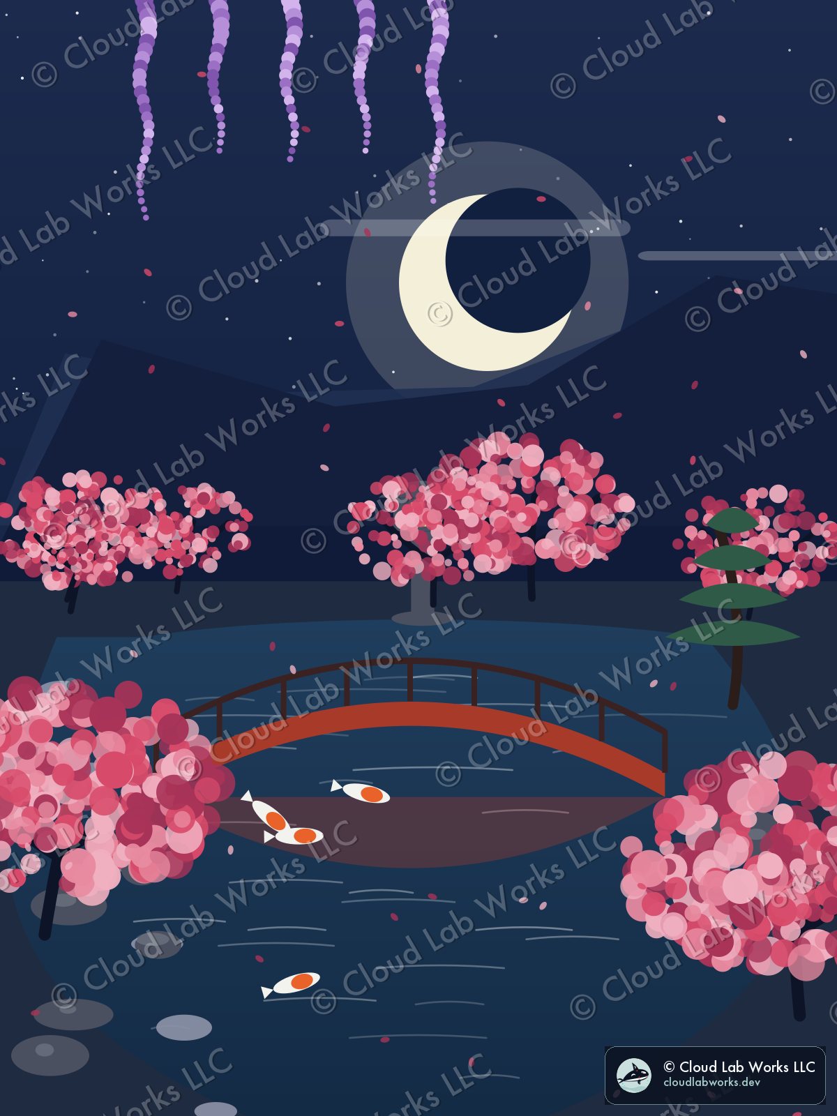 Saihō, under the moon: a stone lantern, a red bridge, 4 koi, a pine and wisteria