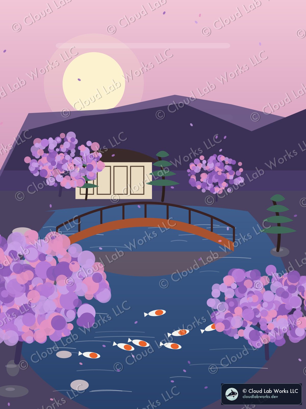 Kinkaku, at dusk: a tea house, a red bridge, 7 koi and a pine