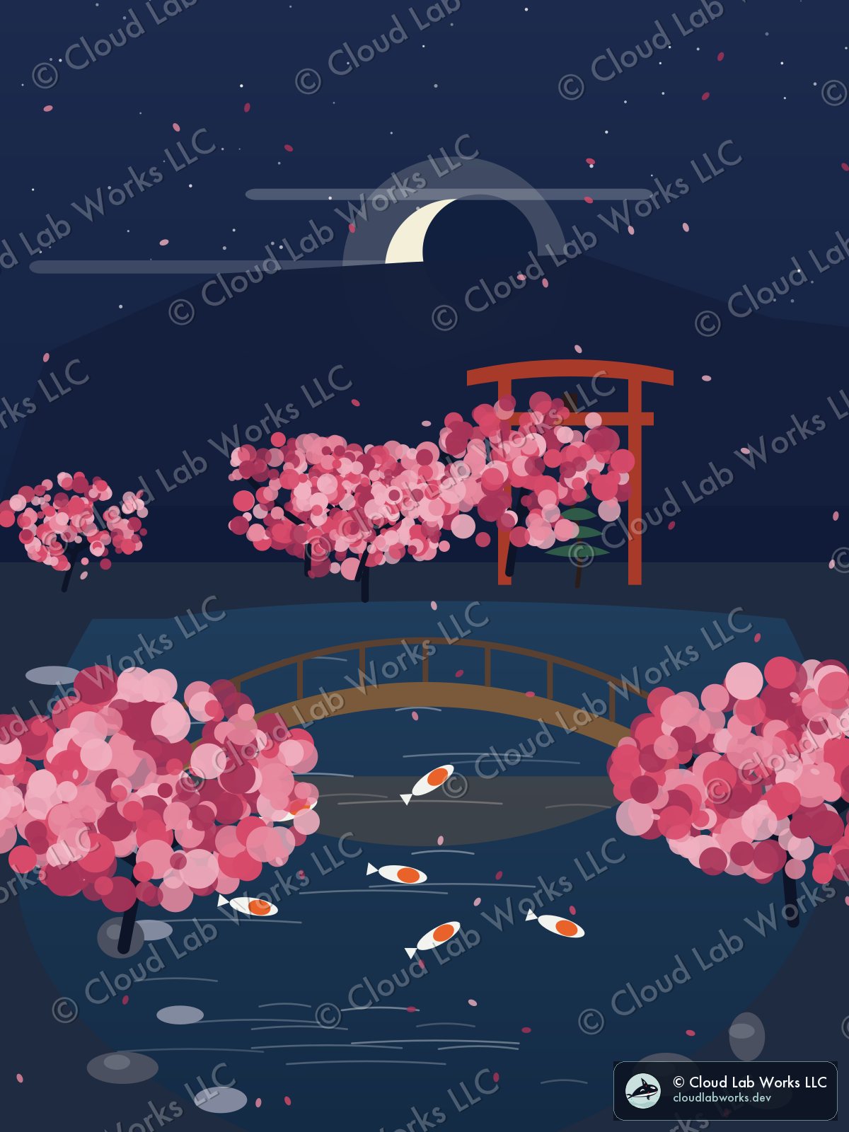 Sankei, under the moon: a torii, a wooden bridge and 7 koi