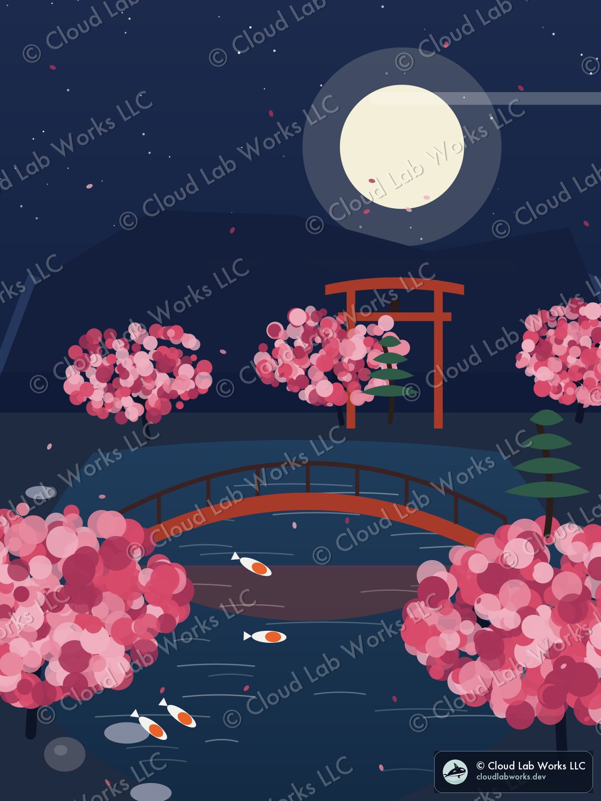 Shukkei, under the moon: a torii, a red bridge, 4 koi and a pine