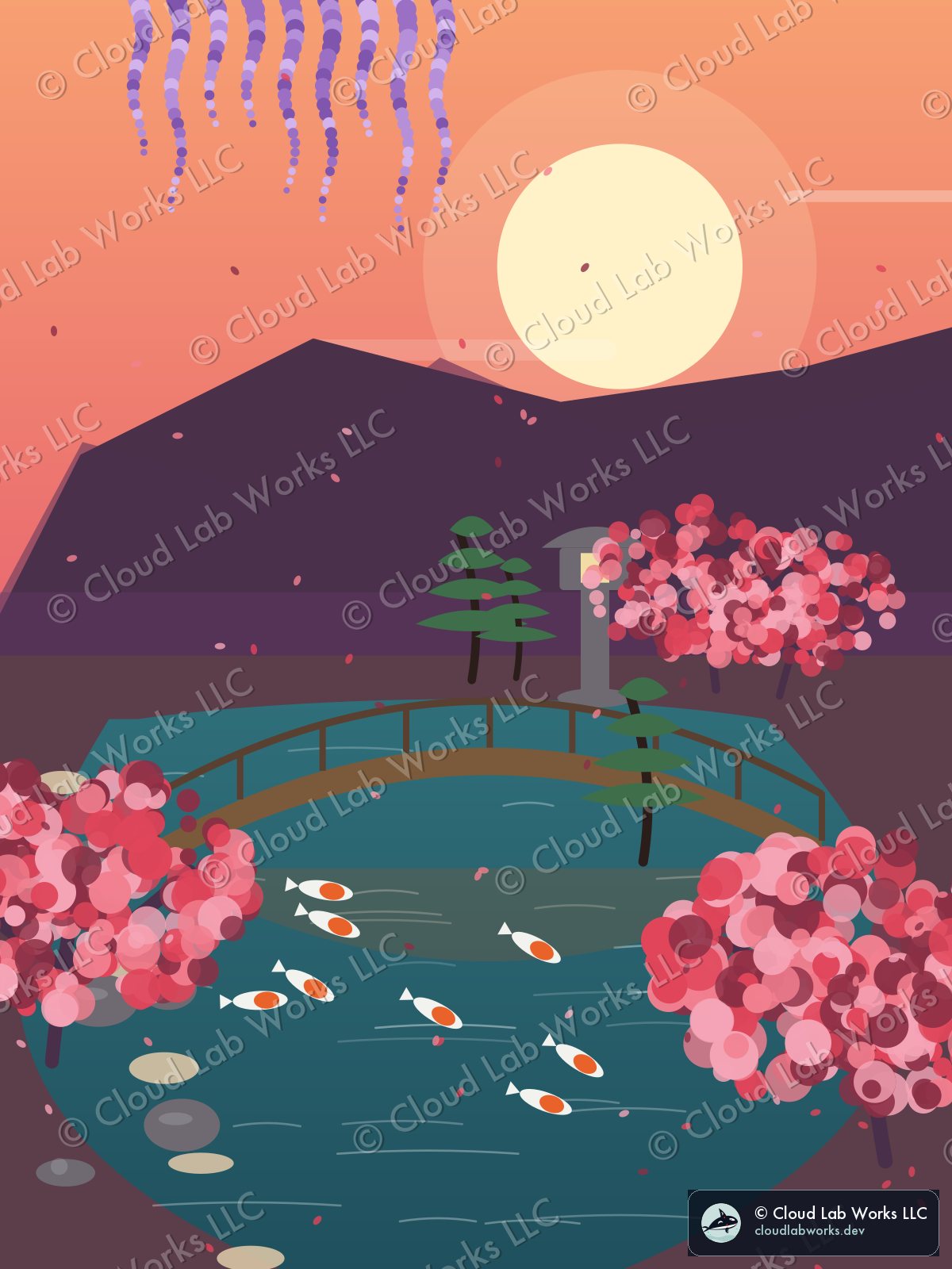 Ritsurin, at sunset: a stone lantern, a wooden bridge, 8 koi, a pine and wisteria