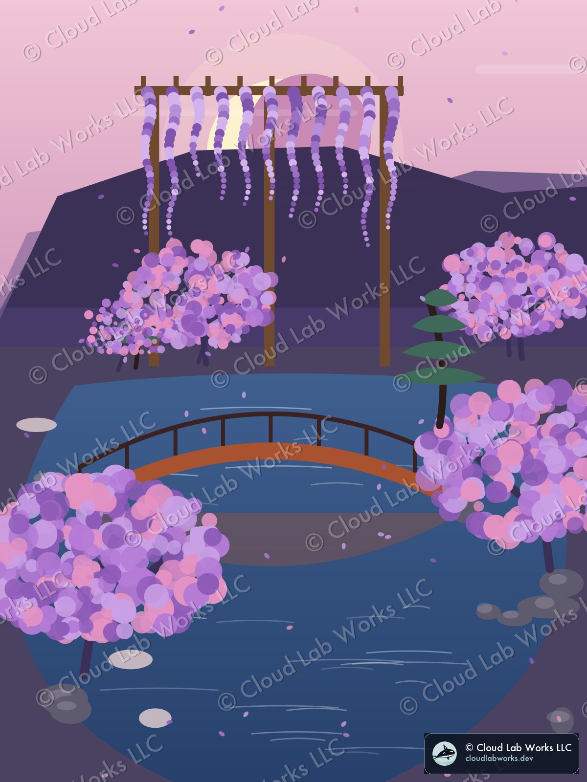 Kōko, at dusk: a wisteria pergola, a red bridge and a pine