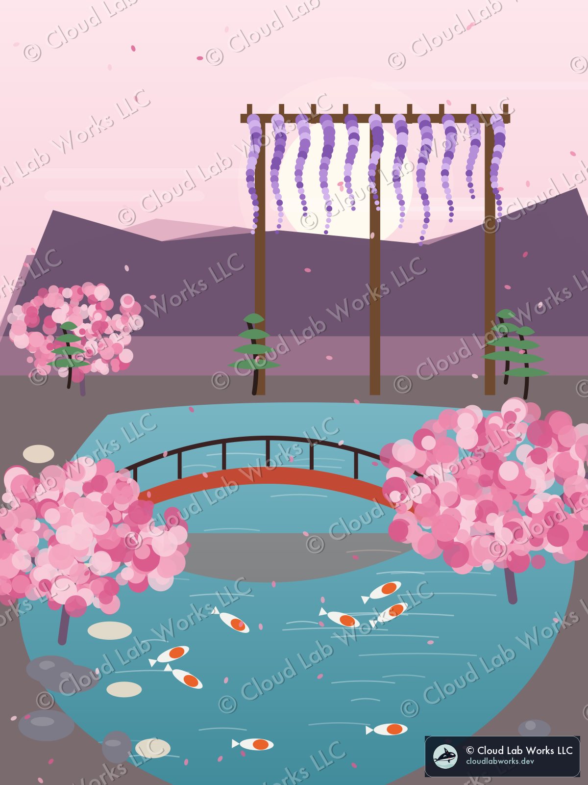 Jōju, in blossom: a wisteria pergola, a red bridge and 8 koi
