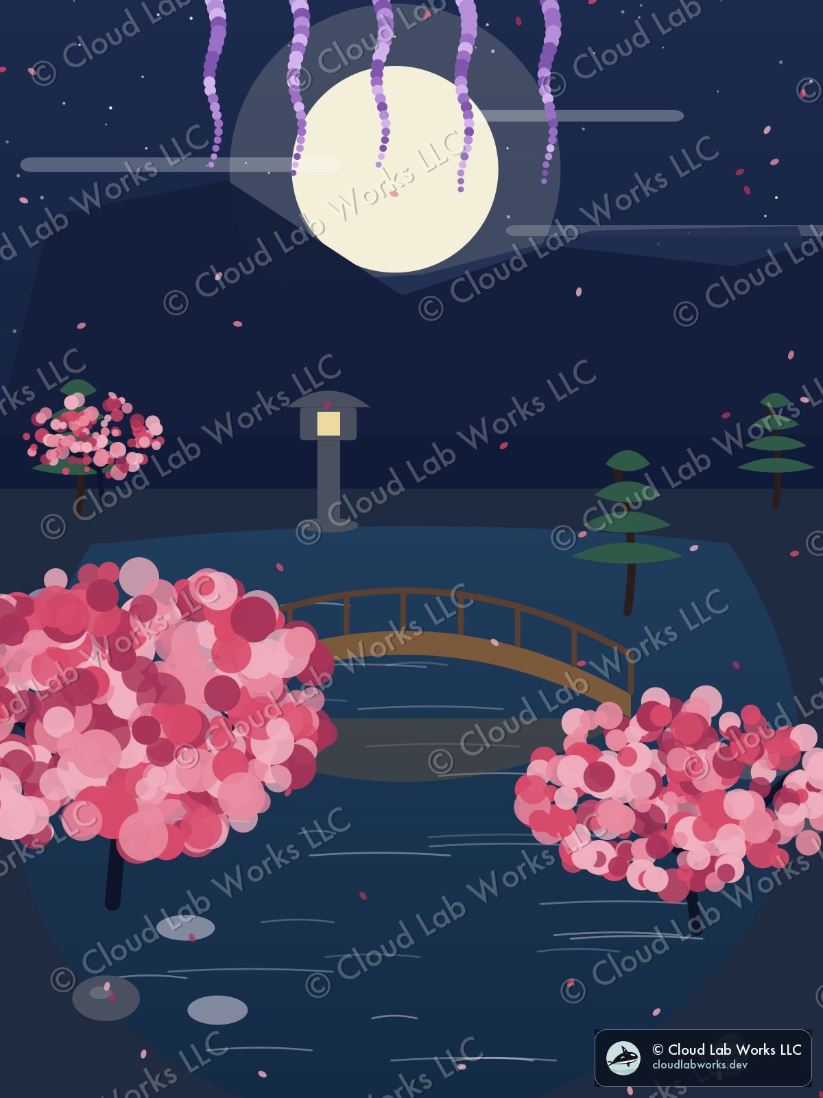 Kōdai, under the moon: a stone lantern, a wooden bridge, a pine and wisteria