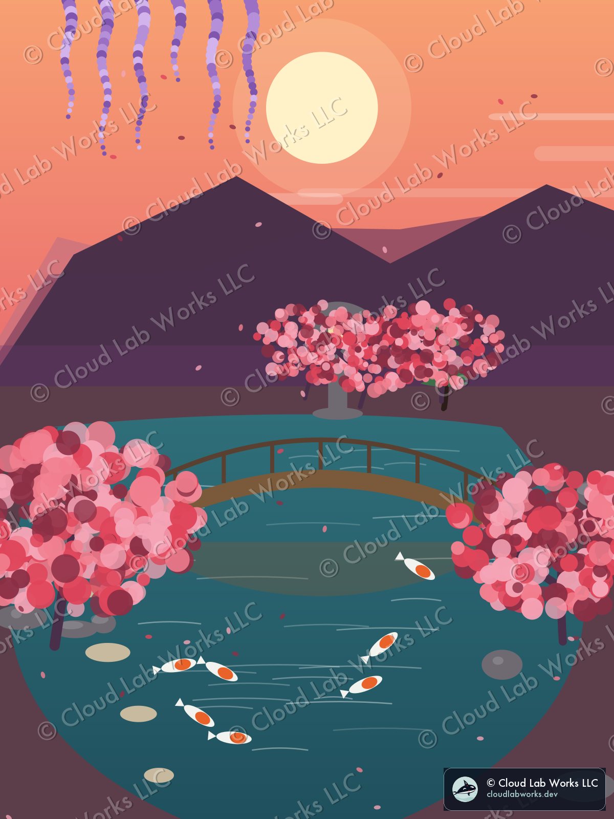 Shōren, at sunset: a stone lantern, a wooden bridge, 7 koi and wisteria