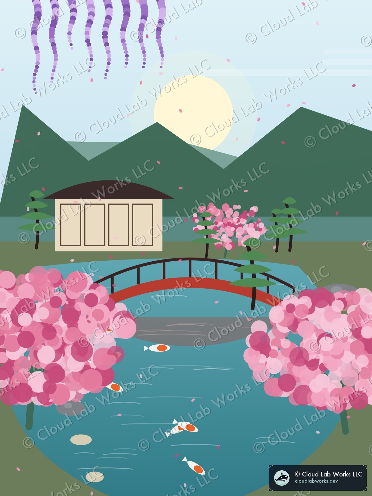 Ninna, in the afternoon: a tea house, a red bridge, 8 koi, a pine and wisteria