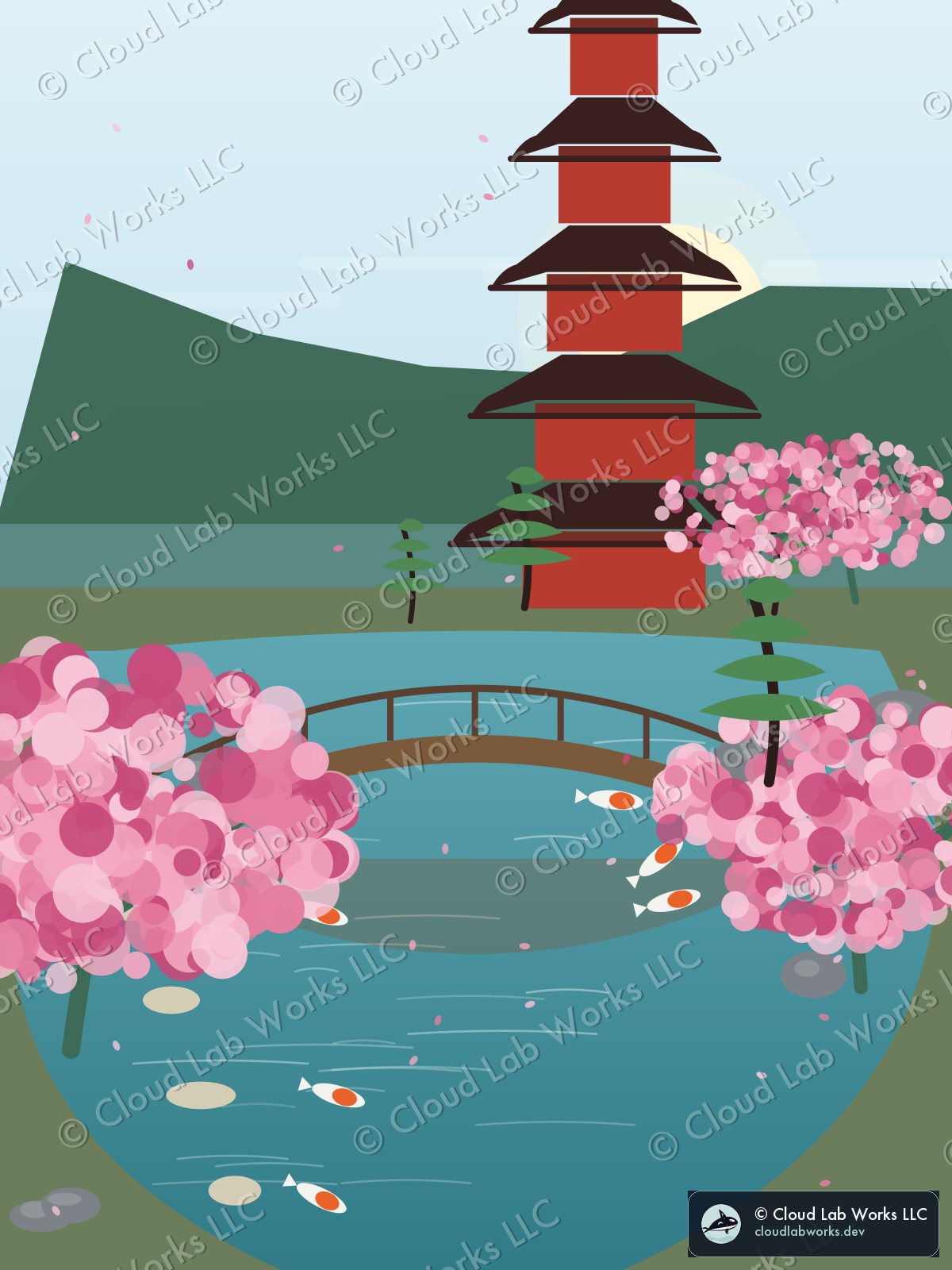 Tōji, in the afternoon: a 5-tier pagoda, a wooden bridge, 6 koi and a pine