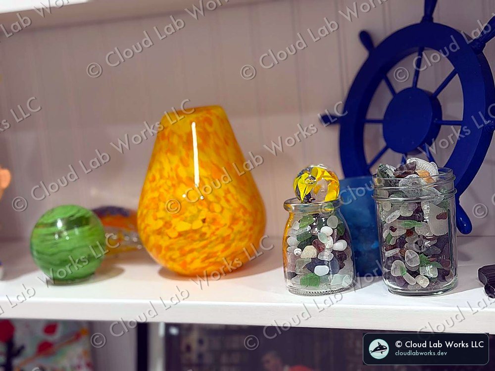 Shelf with an amber teardrop glass vase, a green piece, and two jars of sea glass