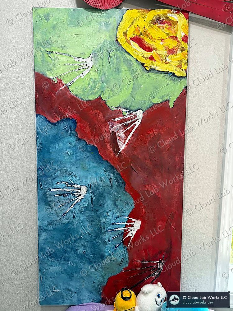 Tall acrylic canvas on a wall: a green field and a yellow sun over red and blue, with white hand marks pressed into the paint