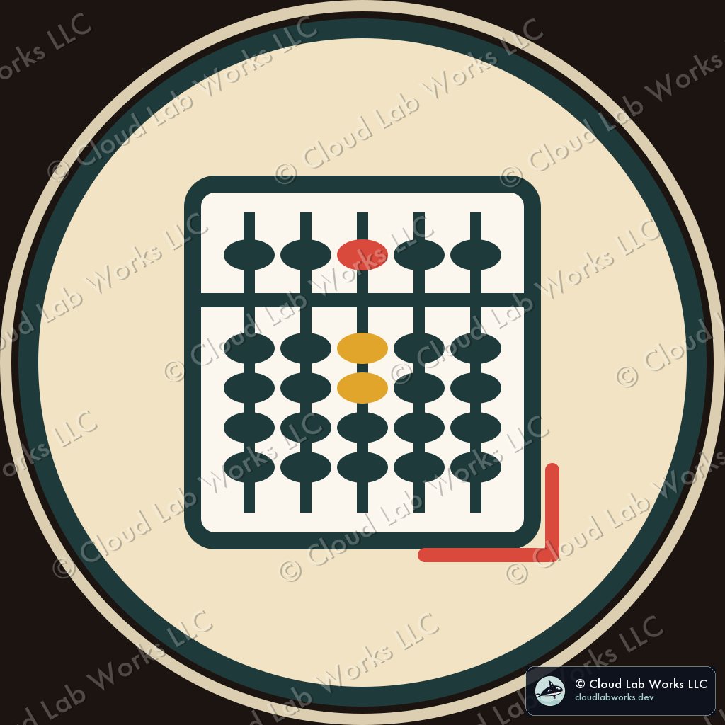Round cream badge: a soroban abacus with dark beads on a frame