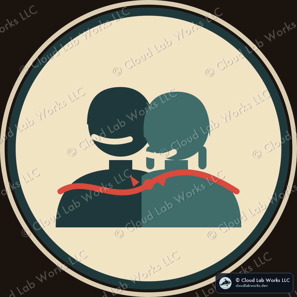 Round cream badge: a boy in dark ink and a girl in teal, back to back, joined by a red thread