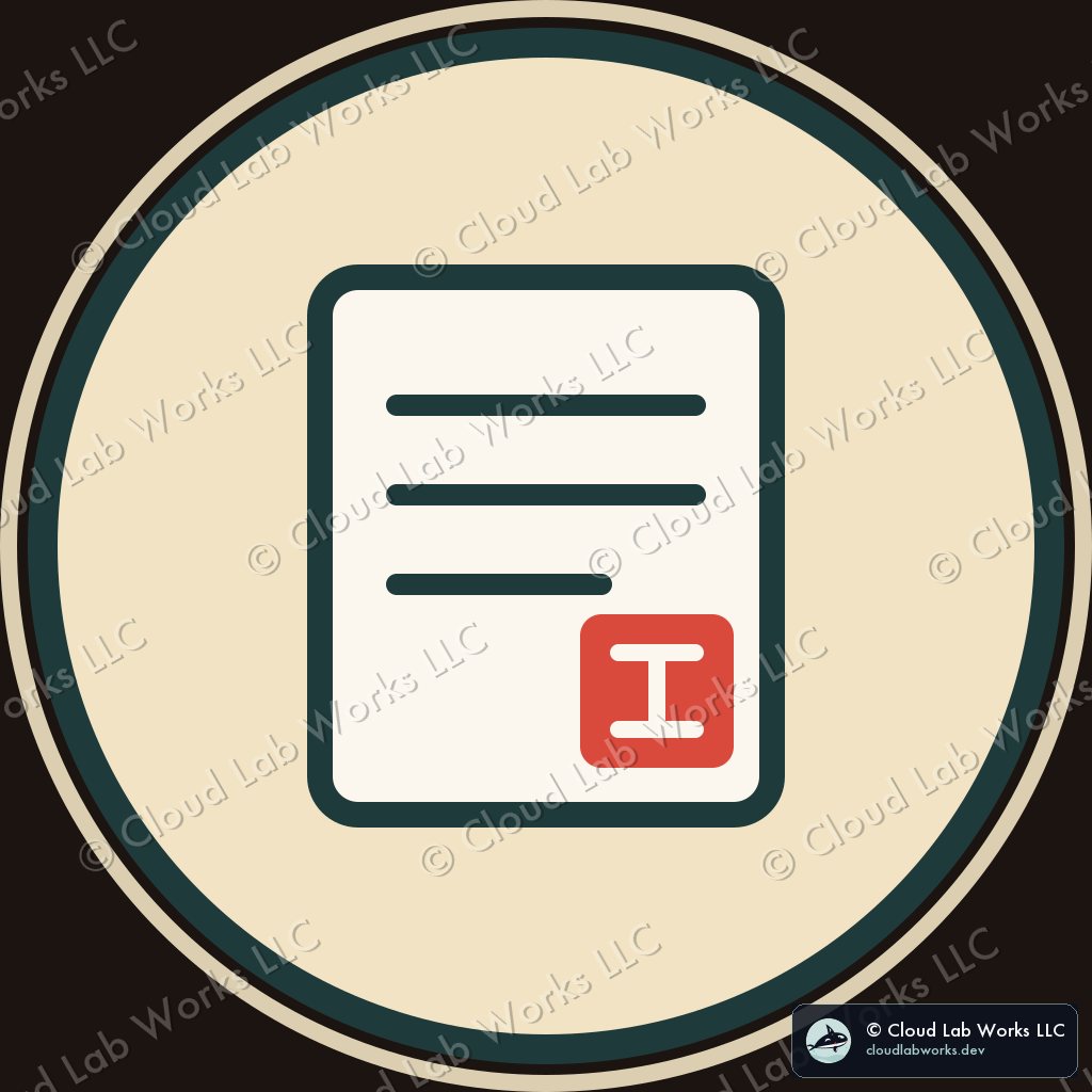 Round cream badge: a notebook with ruled lines and a red seal in the corner
