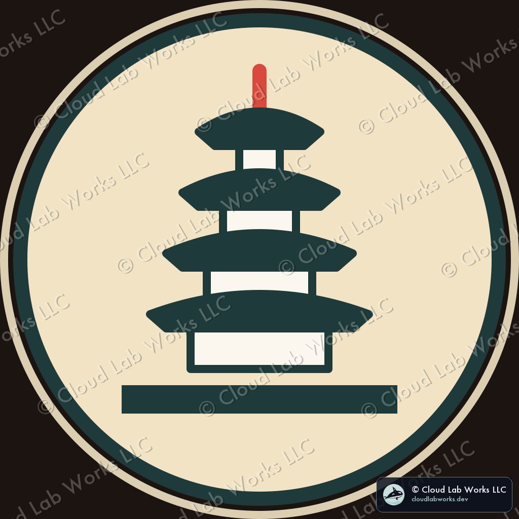 Pagoda: Five stories, each roof a little smaller, the finial the one red line
