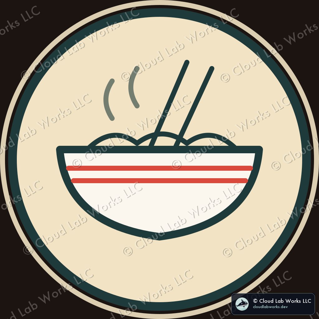 Ramen: A bowl with the red double line, noodles, two chopsticks, and steam