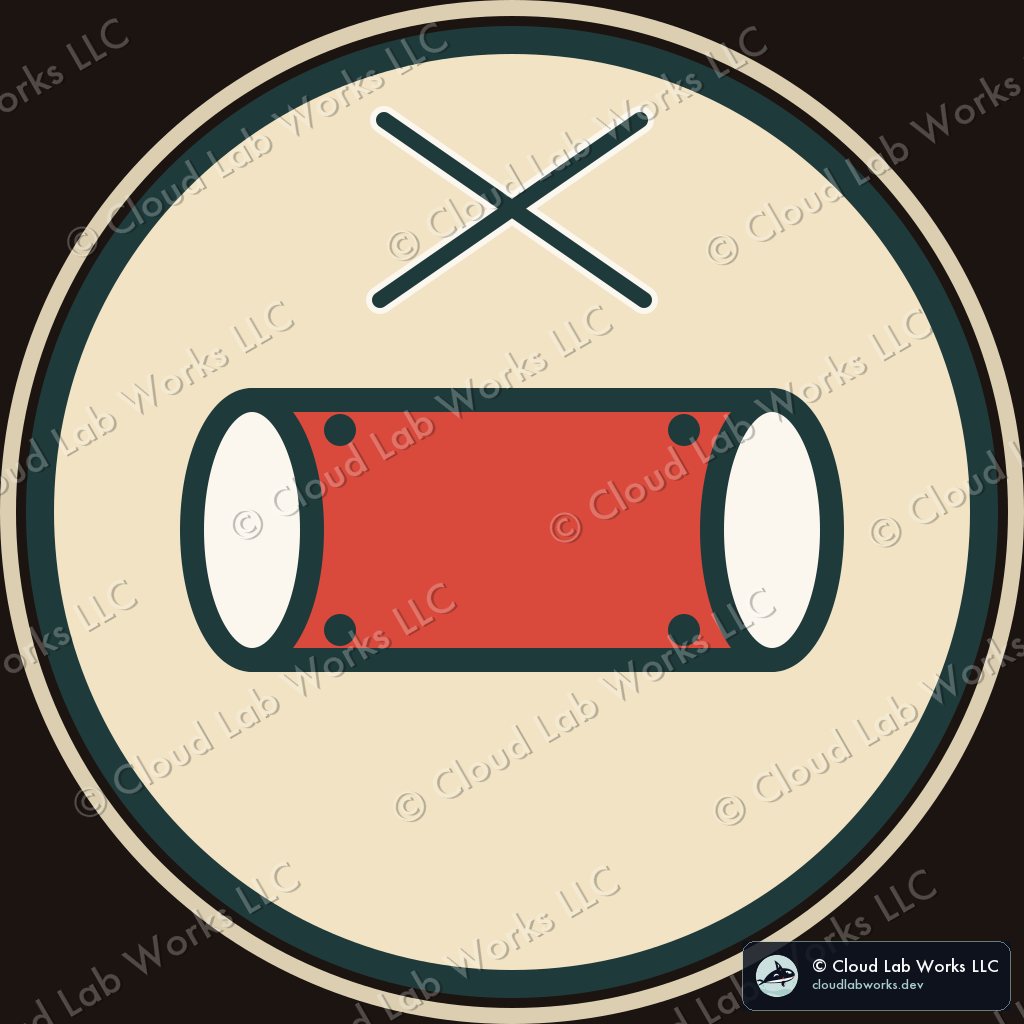 Taiko: The drum, on its side, two bachi crossed above it