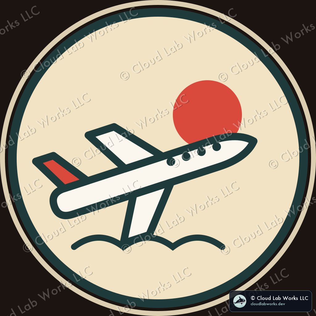 Round cream badge: a paper plane tilted upward past a red sun, over three waves