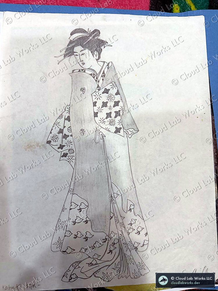 Graphite drawing by Alex Alvord of a kabuki figure in a patterned kimono