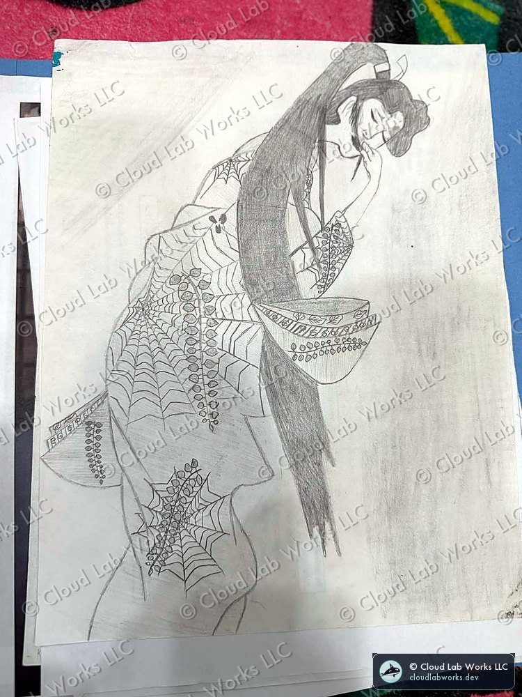 Graphite drawing by Alex Alvord of a kabuki figure in a spider-web kimono, head bowed