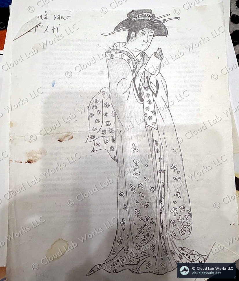 Graphite drawing by Alex Alvord of a standing figure in a flowered kimono holding a scroll, titled Ma san on the sheet