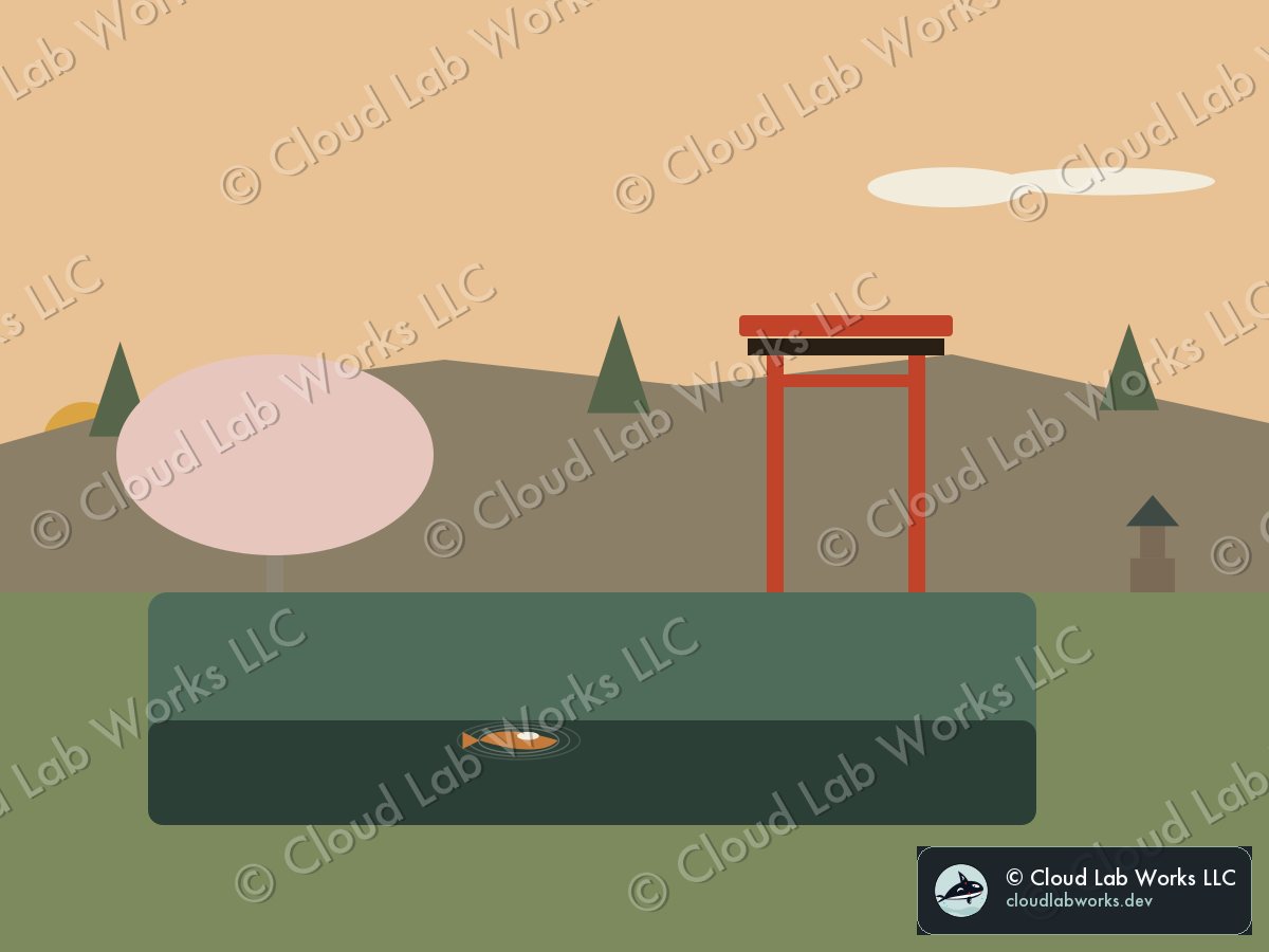 Frame 1, tick 0: a flat Kyoto temple-garden scene, torii gate, cherry tree, koi pond, stone lantern, rendered from the world's state at tick 0
