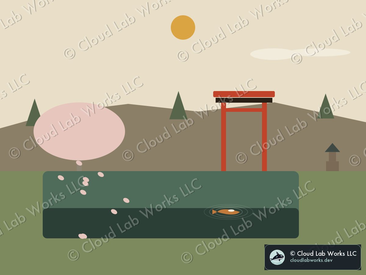 Frame 2, mid run: a flat Kyoto temple-garden scene, torii gate, cherry tree, koi pond, stone lantern, rendered from the world's state at tick 70