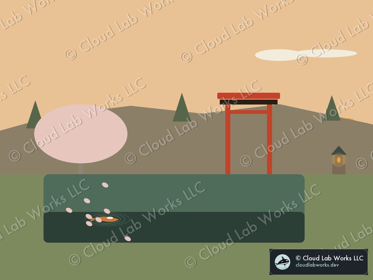 Frame 3, end of run: a flat Kyoto temple-garden scene, torii gate, cherry tree, koi pond, stone lantern, rendered from the world's state at tick 140