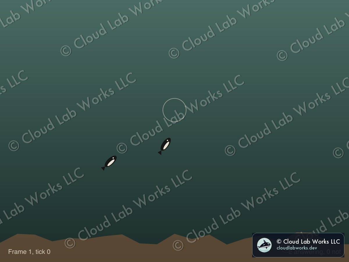 Frame 1, tick 0: a flat underwater scene, a pod of orca-like organisms steering by separation, alignment and cohesion, rendered from the lab roster at tick 0