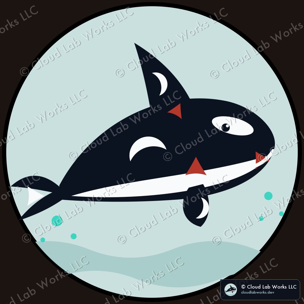 Round badge: an orca in Coast Salish formline, teal accents on a pale field